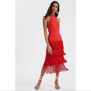 ISO Red Anthro Fringe Halter Dress